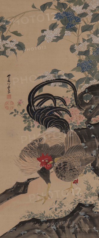 Pair of rooster and hen next to a rock, 1800. Creator: Jakuchu; Ito (1716-1800).