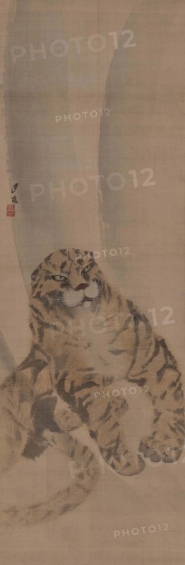 Part of a diptych depicting a quietly crouched tiger, 1820. Creator: Gessho; Cho (1772-1832).