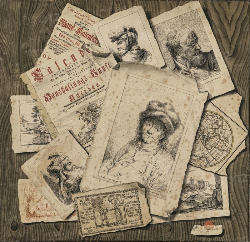 Trompe l'oeil. Prints and book tear-outs on wood, 1776. Creator: Robart; P. A. (active 1770s-1780s).