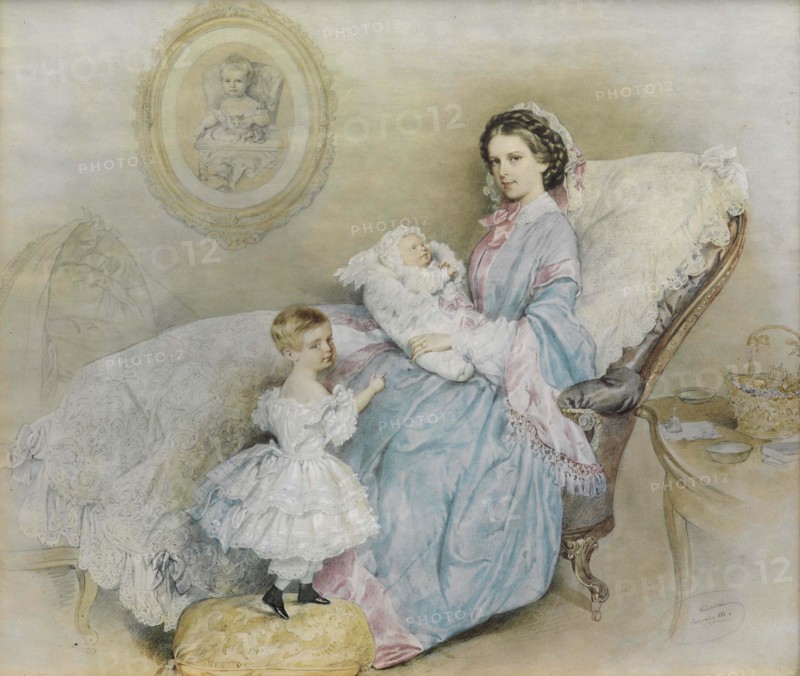 Empress Elisabeth and her children, Gisela and Rudolf, 1858. Creator: Kriehuber; Josef (1800-1876).