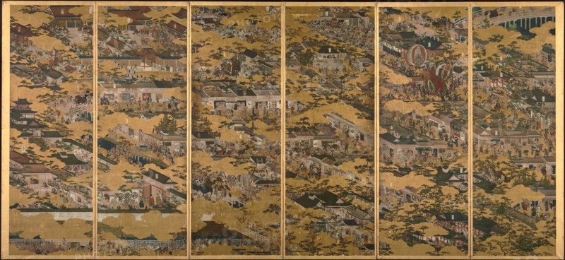Scenes in and around Kyoto, One of a pair of six-section folding screens, c1615. Creator: Matabe (Matabei); Iwasa (1578-1650).
