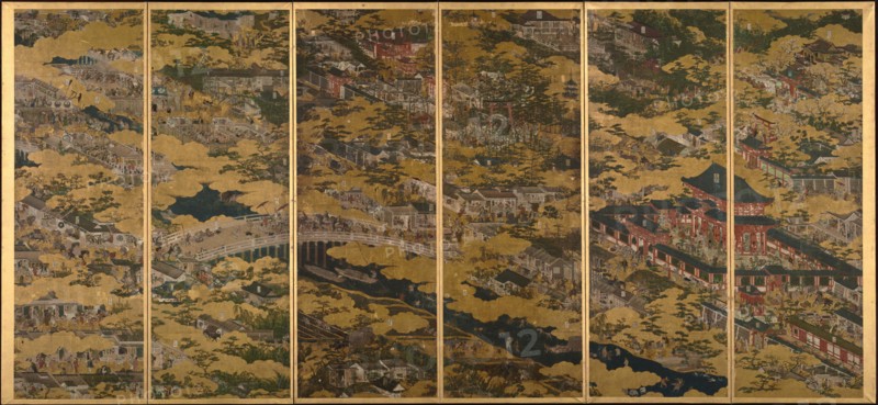 Scenes in and around Kyoto, One of a pair of six-section folding screens, c1615. Creator: Matabe (Matabei); Iwasa (1578-1650).