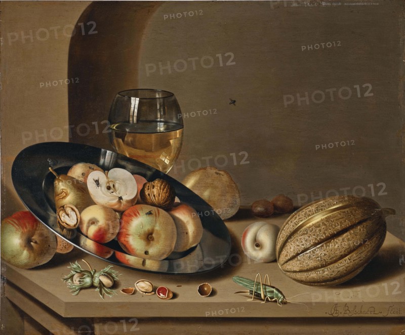Apples, pears, peaches and walnuts on a pewter plate, First Half of 17th cen.. Creator: Bosschaert; Ambrosius; the Younger (1609-1645).
