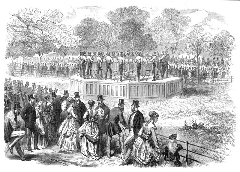 Band of the Life Guards playing on the new platform in Hyde Park, 1869. Creator: Unknown.