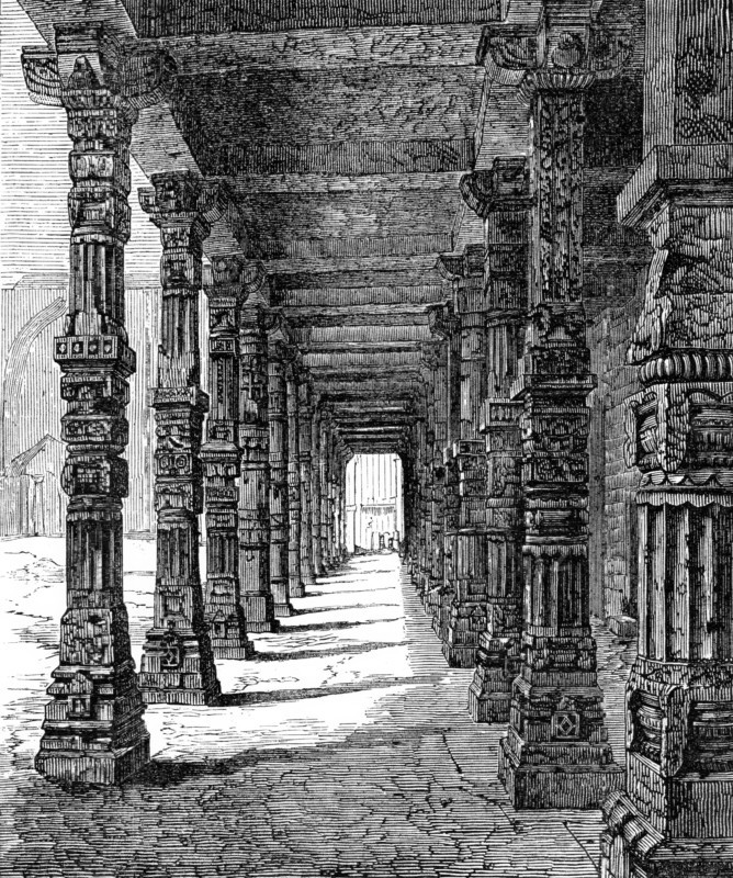 Indian Architecture: colonnade of Hindu pillars near the Kootub, at Delhi, (eleventh century), 1870. Creator: Unknown.