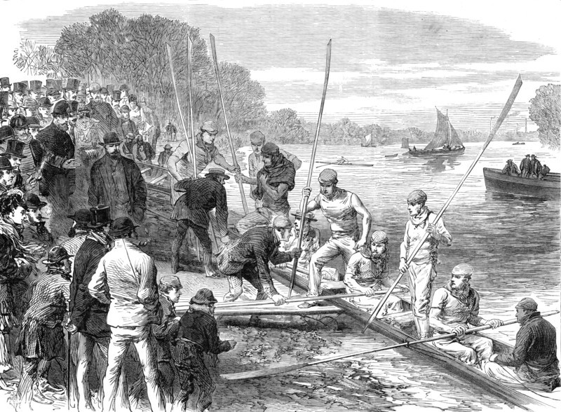 The Cambridge University boat crew returning from practice, 1870. Creator: Unknown.