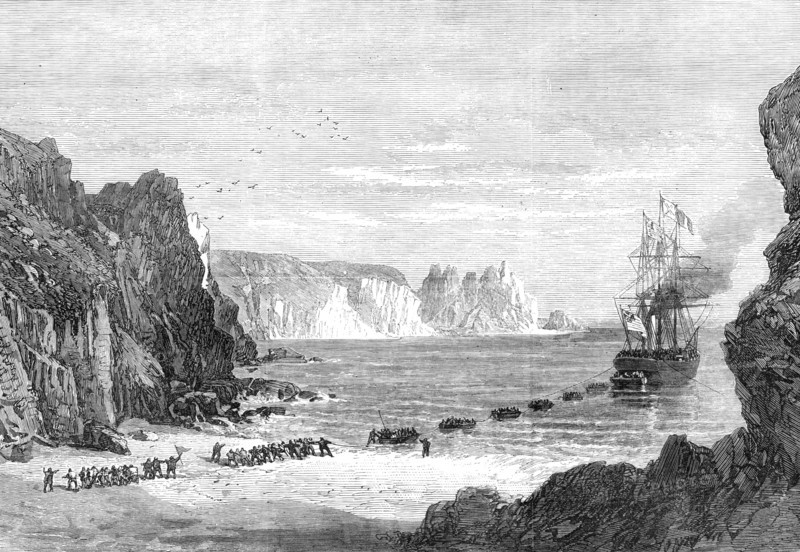 The Falmouth, Gibraltar, and Mediterranean Telegraph: landing the cable at Porthcurnew Bay, 1870. Creator: Unknown.