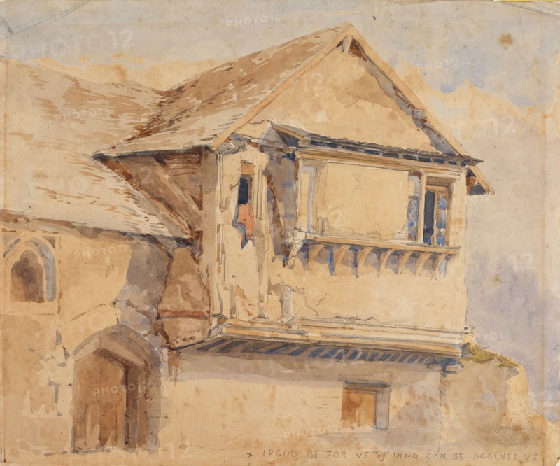 Building With Projecting Window And Gothic Doorway, 1815. Creator: Unknown.