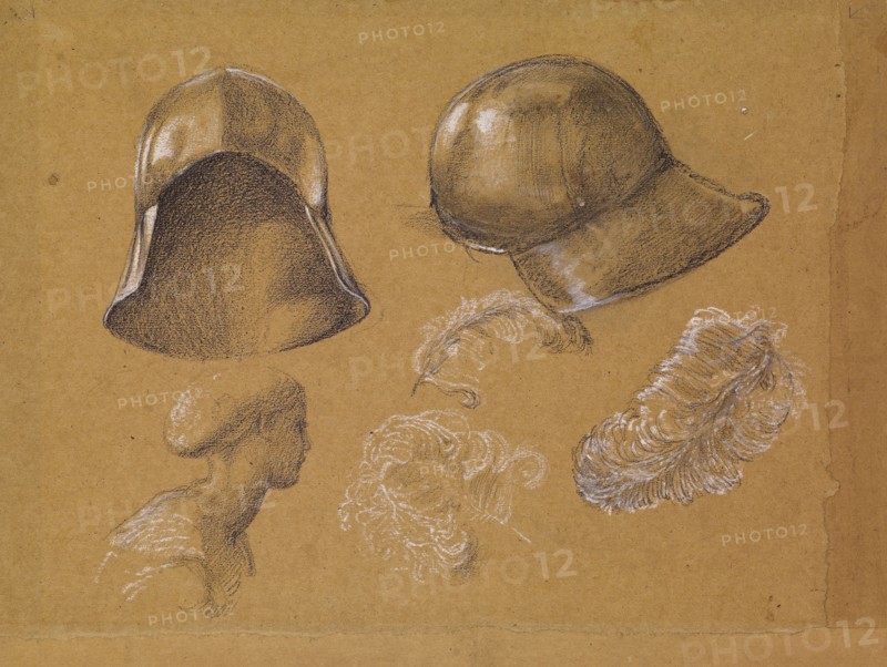 Studies of Helmet, Female Profile and Ostrich Feathers, 1865-1867 (possibly related to.... Creator: Sir Edward Coley Burne-Jones.
