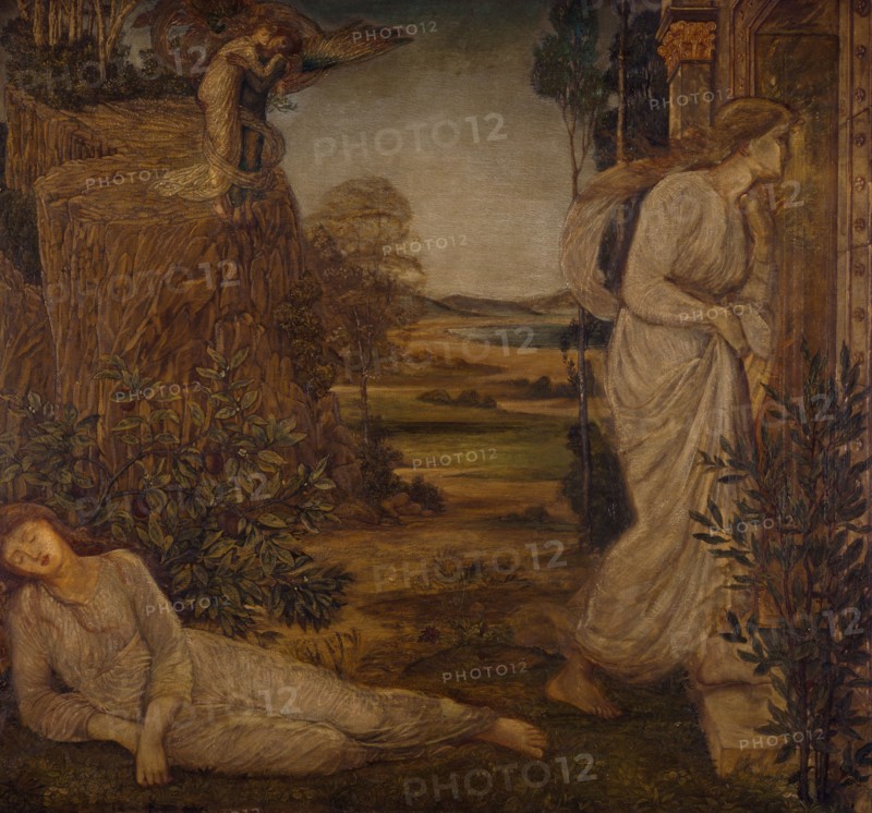 Cupid and Psyche - Palace Green Murals - Zephyrus Bearing Psyche to the Mountain, 1881. Creator: Walter Crane.