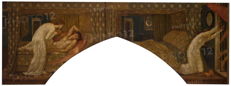 Cupid and Psyche - Palace Green Murals - Psyche holding the Lamp gazes on the Face..., 1881. Creator: Walter Crane.
