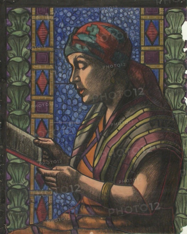 Reading woman, sketch for stained glass, 1930. Creator: Juho Rissanen.