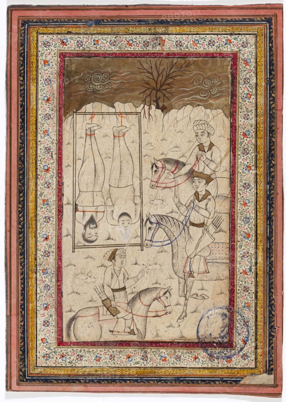 Three mounted warriors and two prisoners, c1800. Creator: Unknown.
