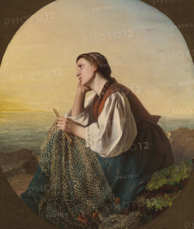 Woman weaving a fishing net, 1863. Creator: Ida Silfverberg.