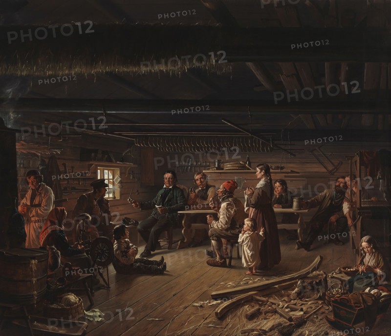 Pentti Lyytinen Recites Poems in a Cottage in Savo, 1848. Creator: Robert Wilhelm Ekman.