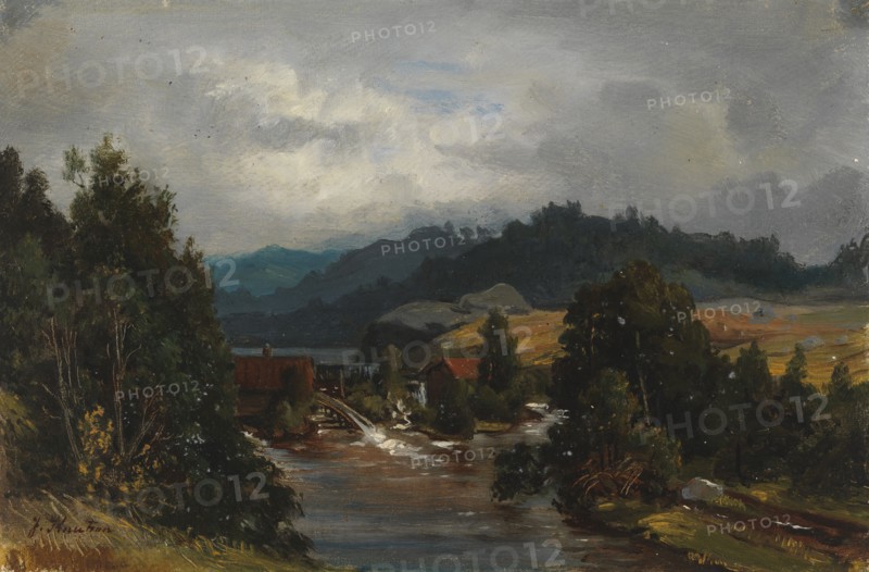 A mill pond in a river landscape, 1870-1879. Creator: Johan Knutson.