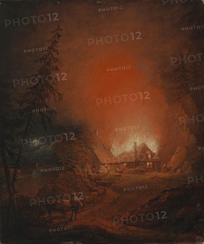 A Fire at Night in a Farmer's House, 1809. Creator: Alexander Lauréus.
