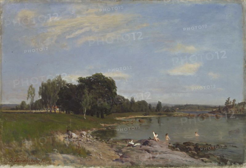 Beach landscape, bathing children, 1872. Creator: Berndt Lindholm.