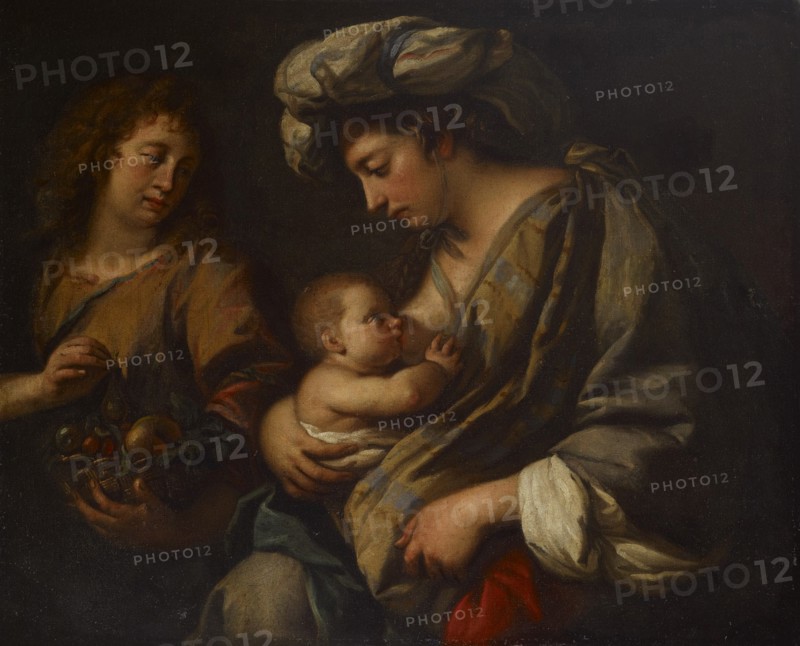 Rest on the Flight into Egypt, Virgin Mary nursing the infant Jesus, 1600-1666.  Creator: Guercino.