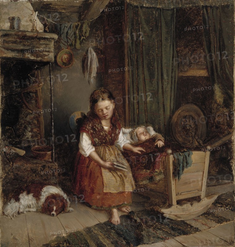 Girl at the cradle, 1866. Creator: Karl Emanuel Jansson.