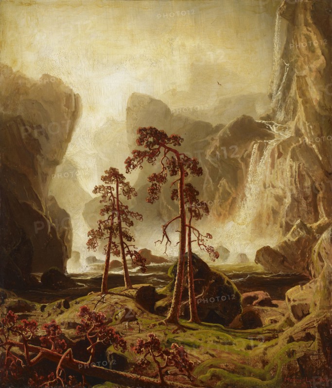 Mountain range and waterfall, 1851. Creator: Markus Larsson.