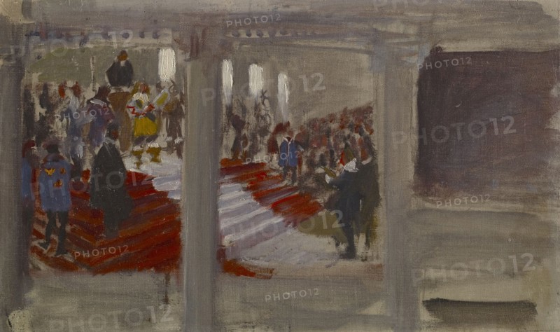 The opening of the university, a rehearsal for the wall painting of the banquet hall..., c1915. Creator: Akseli Gallen-Kallela.