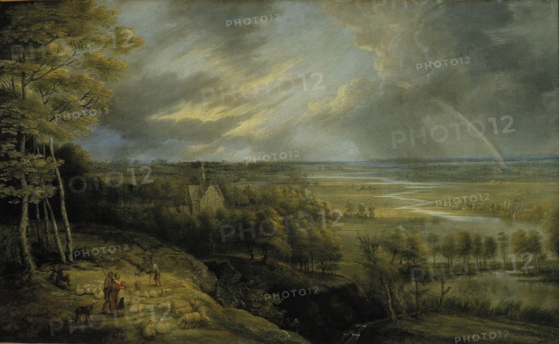Landscape with rainbow, shepherds and sheep, 1648. Creator: Lucas van Uden.