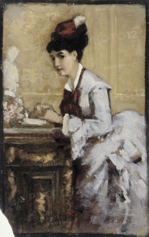 The writing woman, composition exercise I for the painting Rococo, 1874. Creator: Albert Edelfelt.