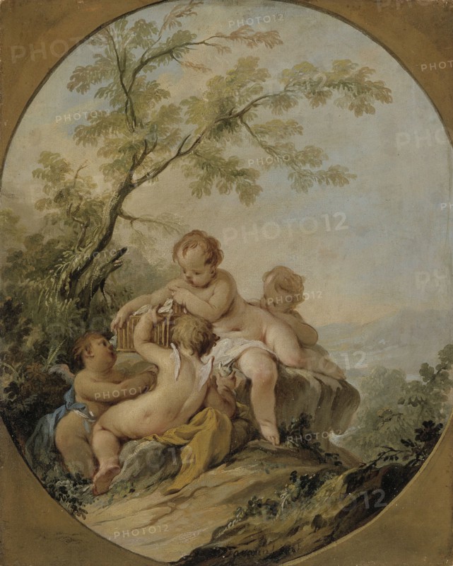 Four amorins playing with a birdcage, 1721-1750. Creator: Guillaume-Thomas Taraval.
