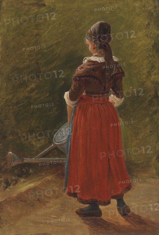 Girl watering flowers, exercise, c1854. Creator: Werner Holmberg.