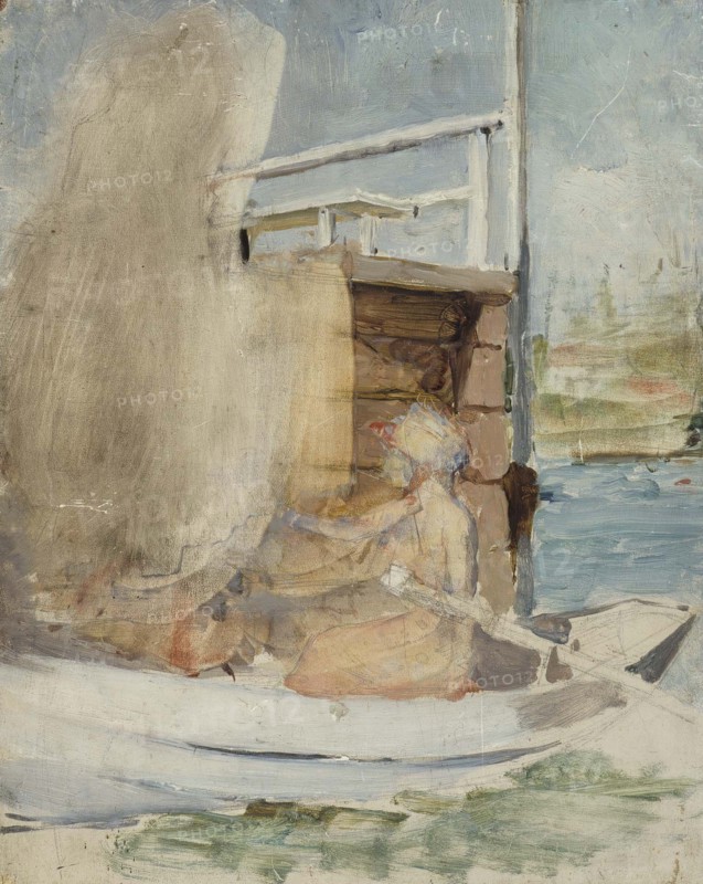 A woman in a boat by the pier, c1890s. Creator: Albert Edelfelt.