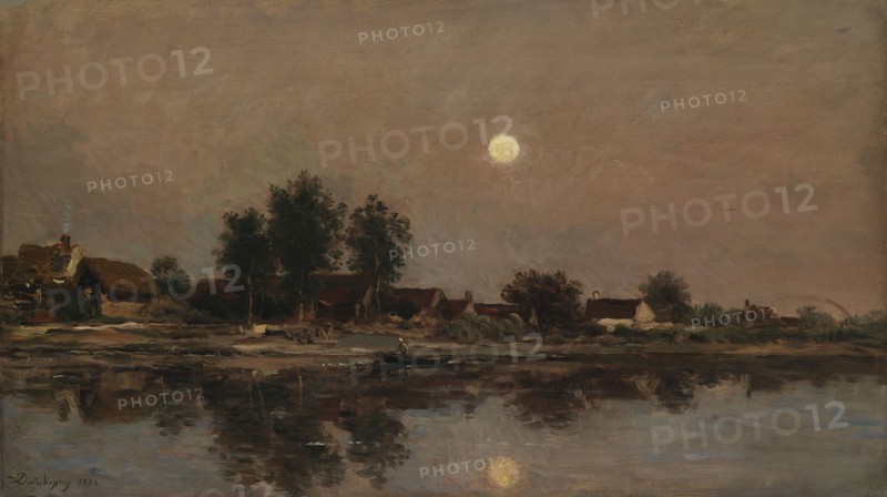 The Rising Moon on the River Bank; Village by the Light of the Moon, 1874. Creator: Charles Francois Daubigny.