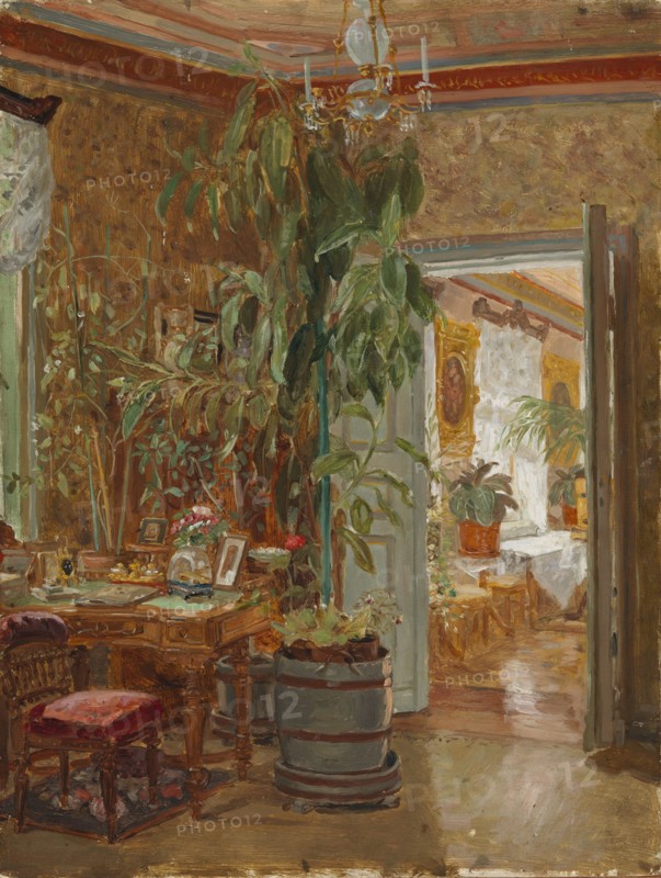 Interior from the Hallonblads' Home, Hympölä Manor, sketch for the double portrait of Herman...,1888 Creator: Adolf von Becker.