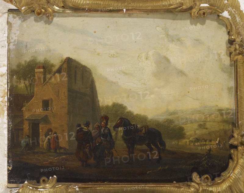 In front of the village hut, 1820-1870. Creator: Edouard Swebach.