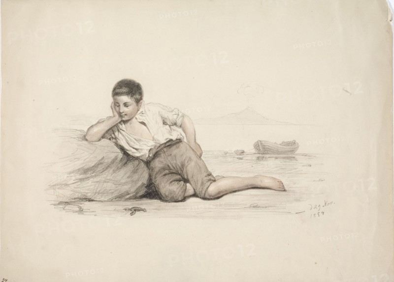 An Italian boy lying against a stone by the bay, 1850-1855. Creator: Karl Anders Ekman.