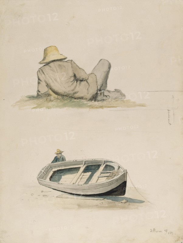 A man resting his back on the grass; A man and a beached boat, 1883. Creator: Oscar Kleineh.