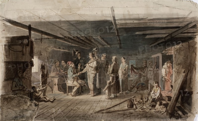 Painting in a gloomy peasant's seat, sketch for an oil painting painted for the Russian..., 1851. Creator: Robert Wilhelm Ekman.