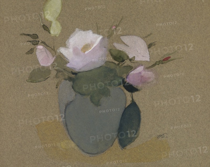 Roses in a Blue-Green Vase, 1942. Creator: Helene Schjerfbeck.
