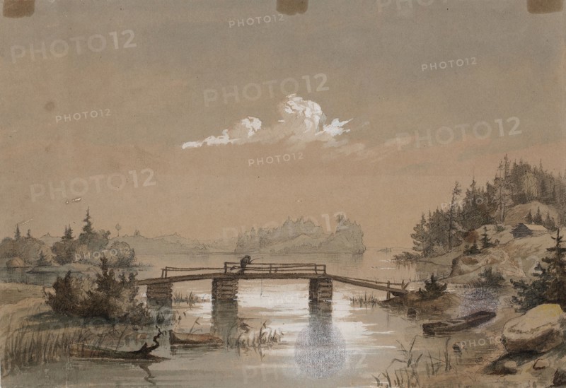 Lake Landscape, Man Angling on a Bridge, 1848-1860. Creator: Werner Holmberg.