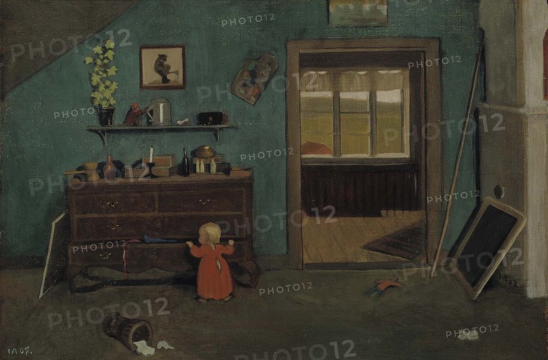 Little Girl in Front of an Open Chest of Drawers, 1907. Creator: Ivar Arosenius.