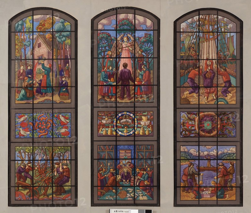 Sketch for S.O.K.'s stained glass, 1930. Creator: Juho Rissanen.