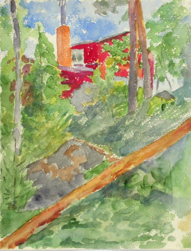 A red building on a cliff between trees. Creator: Maria Wiik.