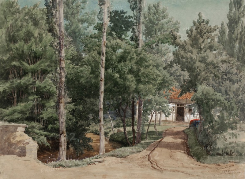 Timber framed building surrounded by deciduous forest, 1856. Creator: Werner Holmberg.