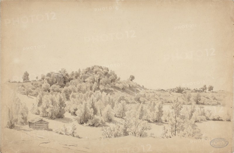 Wooded hill, lake and farmhouse, 1857. Creator: Werner Holmberg.