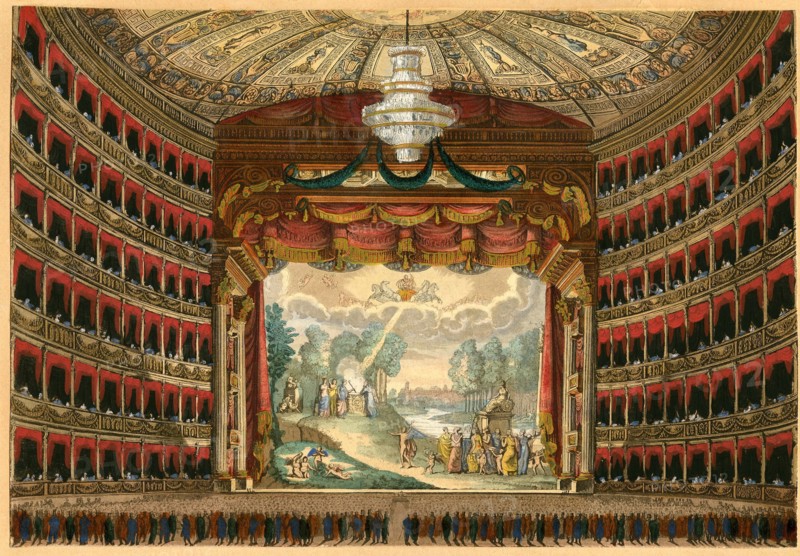 La Scala opera house in Milan, Festive Interior. Curtain design by Angelo Monticelli, c 1830. Creator: Anonymous.