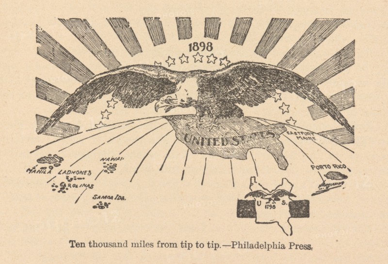 Ten thousand miles from tip to tip, the American Eagle spreads his wings from the..., 1898. Creator: Anonymous.