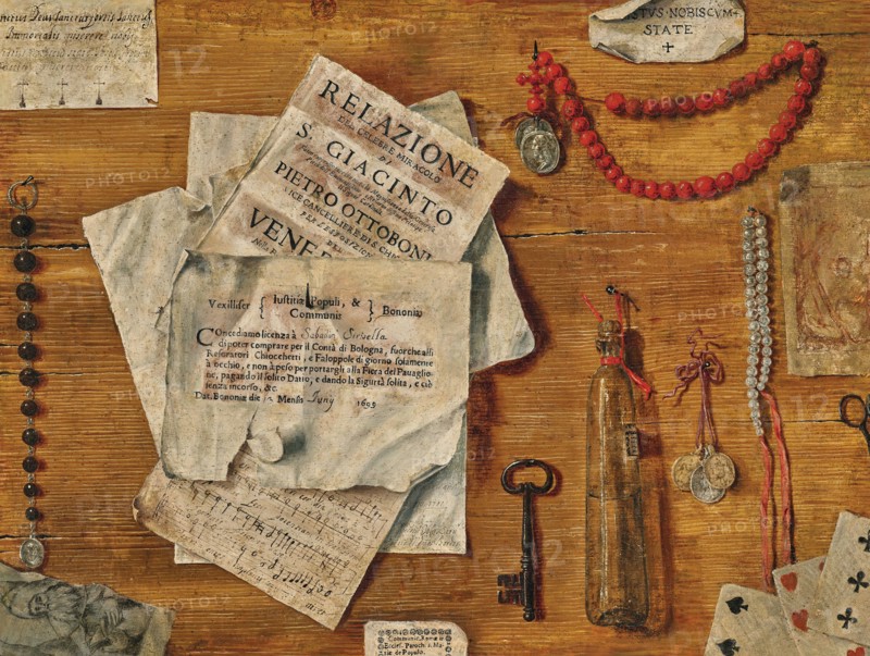 Trompe-l'oeil with several sheets of paper, a key, playing cards and objects attached to a..., 1711. Creator: Bordoni, Egidio Maria (active End of 17th-Early 18th cen.).