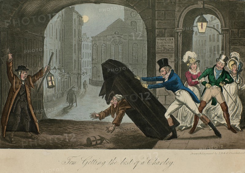 Tom Getting the best of a Charley. Illustration to "Life in London" by Pierce Egan , 1820. Creator: Cruikshank, George (1792-1878).