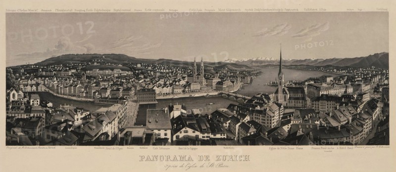 Panorama of Zurich seen from the St. Peter Church. Creator: Dikenmann, Rudolf (1793-1883).