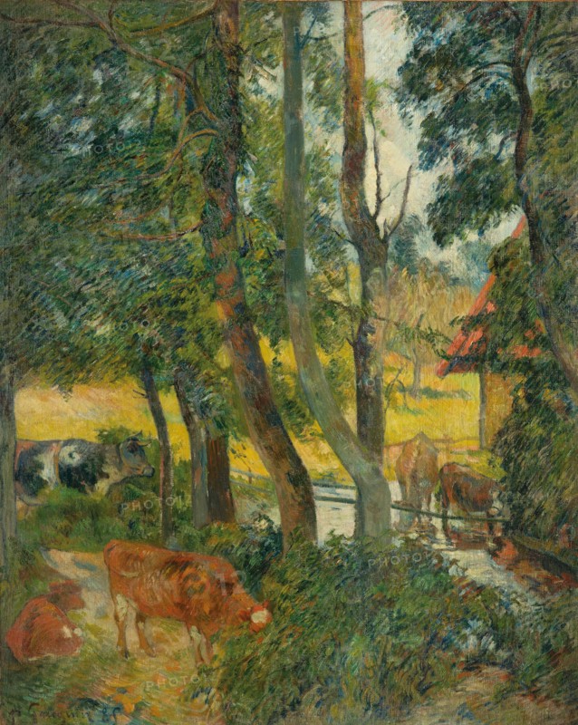 Landscape in Normandy (Cows at the Trough), 1885. Creator: Gauguin, Paul Eugéne Henri (1848-1903).